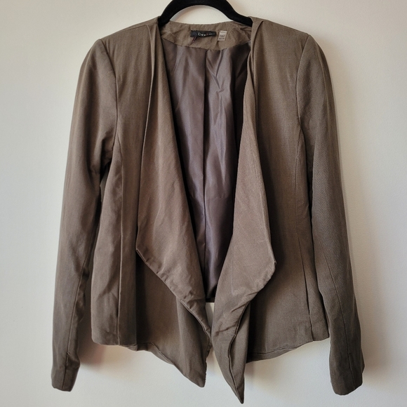 Dex Olive Green Blazer XS Waterfall Collar Open Front Asymmetric Hem - Picture 2 of 10
